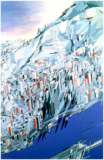 The Peak by Zaha Hadid, 1983, painting.